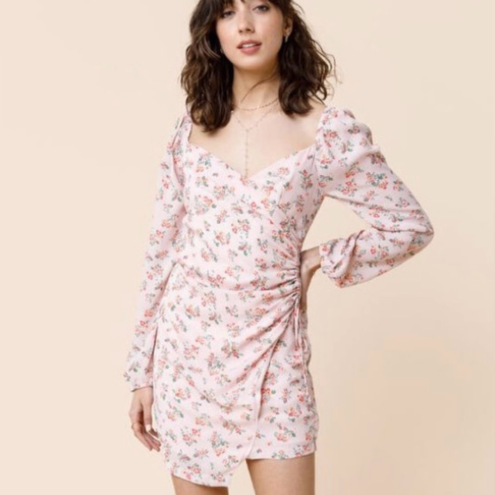 Dee Elly Pink Floral Rouched Mini Dress